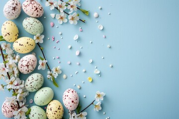 Wall Mural - A collection of speckled eggs and flowers against a blue background