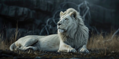 Wall Mural - a majestic white lion relaxing in a lush green meadow, perfect for use in wildlife or nature-themed 