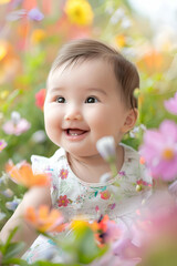 Wall Mural - A small child sits in a flower field, smiling with joy