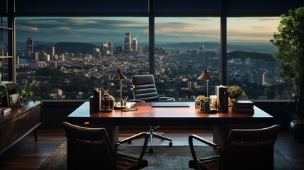 Wall Mural - A professional office with dark wood furniture, classic decor, and a view of the city  