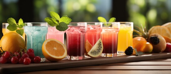 Wall Mural - wooden table with glasses of different juices and fresh fruits on a white background