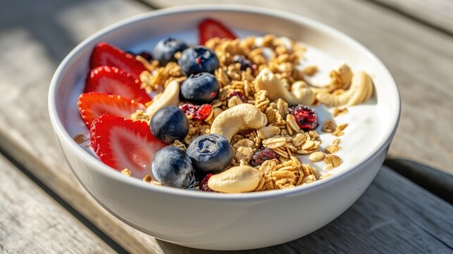A colorful breakfast or snack option featuring fresh strawberries and blueberries on top of crunchy granola