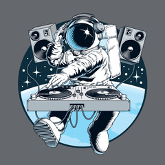 Astronaut dj with turntable in the outer space. Cosmos disco party comic style vector illustration.