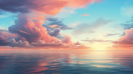 A serene sunset over a calm ocean with pastel hues  