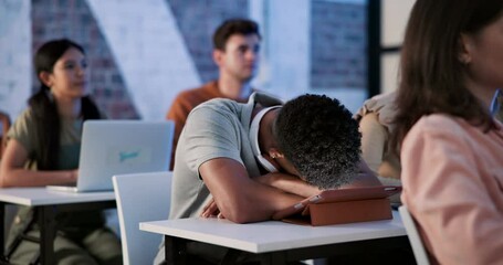 Poster - Tired, man and university class with sleeping student in college class and lecture with burnout. Teen, youth and nap in study hall with classroom prep for exam with tablet and brain fog from learning