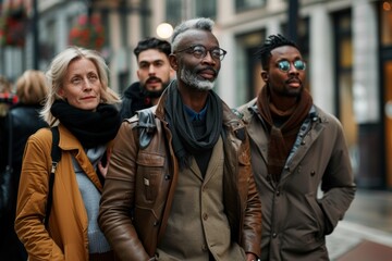 Poster - Group of diverse men and women walking in the city. Men's beauty, fashion.