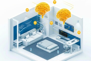 Sticker - Futuristic smart home interior showcasing brain-inspired design and advanced technology in a modern living space.