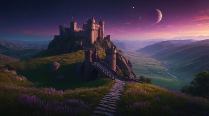 Wall Mural - Beautiful castle against the background of unusual purple sky