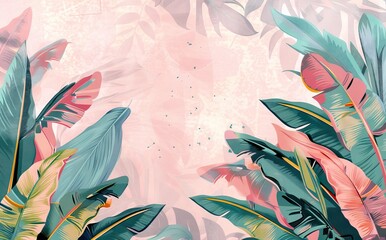 Illustration of tropical wallpaper print design with toucans, tropical flowers and palm banana leaves. Tropical birds and plants on textured background. AI generated illustration