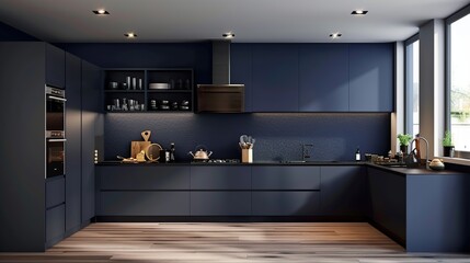 Wall Mural - Modern style kitchen interior design with dark blue wall. Generative Ai