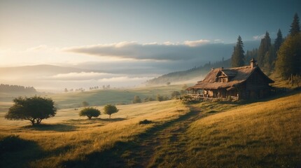 Wall Mural - Beautiful agricultural landscape with farmer