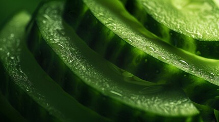 Close-up of a sliced cucumber in dramatic green lighting, showcasing vivid textures and fresh details