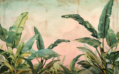 Wall Mural - Illustration of tropical wallpaper print design with toucans, tropical flowers and palm banana leaves. Tropical birds and plants on textured background. AI generated illustration
