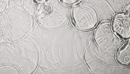 Wall Mural - Blurred desaturated transparent clear calm water surface texture with splashes and bubbles. Trendy abstract nature background. White-grey water waves in sunlight. Copy space.