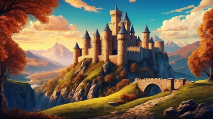 Wall Mural - Beautiful landscape showing medieval castle on the background of mountains