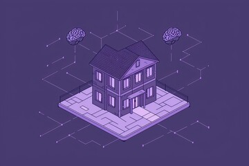 Sticker - Isometric smart home with a purple hue, showcasing futuristic architecture and intelligent design.