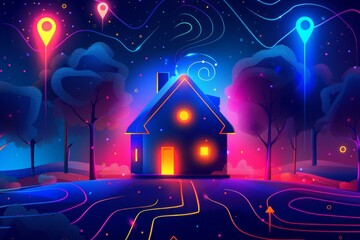 Wall Mural - Surreal nighttime scene with glowing neon houses under a starry sky, emphasizing futuristic and mysterious vibes.