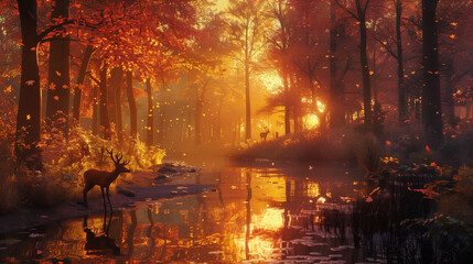 Sticker - An atmospheric and realistic autumn forest scene at golden hour, with tall trees whose leaves are a fiery mix of red, orange, and yellow. A small, clear stream meanders through the scene, reflecting t