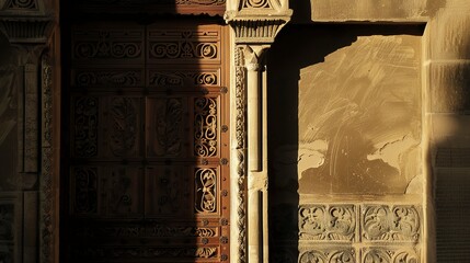 Poster - Empty religious building doorway, detailed carvings close-up, no people, late afternoon sun, sacred entry. 