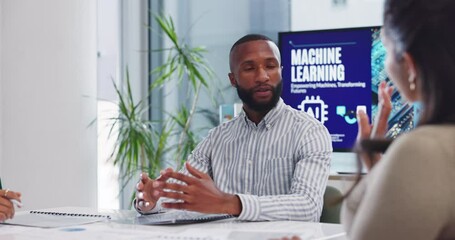 Aufkleber - Meeting, boardroom and talking with documents, man and discussion of group for presentation in machine learning engineer. Office, people and employees with research, maintain and improve ai for work
