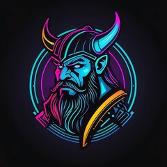 Wall Mural - Beautiful linear illustration with shiny blue neon viking head isolated on the dark background