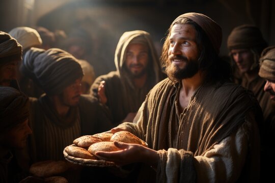  The benevolence of Jesus Christ: providing bread for the poor, a timeless gesture of compassion and empathy, reflecting the teachings of humility and service in christian tradition.