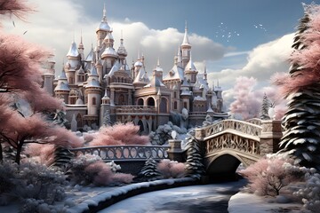 Wall Mural - Magic kingdom of fairytale. Panoramic view of fantasy fairytale castle with pink cherry blossom trees and bridge. Fairytale world of fantasy and fairy tale.