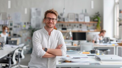 Wall Mural - A man is smiling and posing for a picture in a busy office