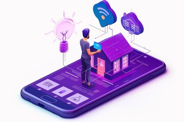 Sticker - Illustration of a smart home on a mobile device, emphasizing the integration of home technology with mobile applications