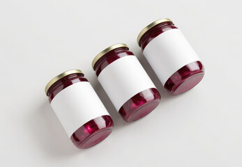 Wall Mural - Three glass jars of pickled red cabbage beetroot with empty, blank label, white sticker area for brand logo. Isolated on gray background. Concept of mockup mock-up shablon template advertising montage