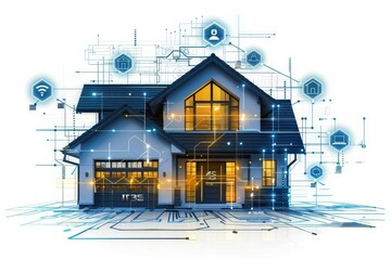 Sticker - Digital illustration of a smart home with illuminated interior and exterior, highlighting modern technology and automation