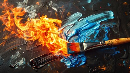 Wall Mural - A painting of a brush with blue and red paint on it, with a flame in the middle