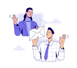 Poster - Business activity scene. Man and woman office employees communicate in online meeting and send messages. Teamwork and Partnership. Flat vector illustration isolated on white background