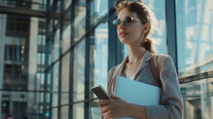 Wall Mural - A woman wearing sunglasses and a suit holding a cell phone and a laptop