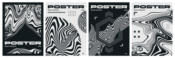 Set of futuristic black and white posters. Abstract covers with liquid curved lines, geometric shapes, distortions and copy space. Modern flyer. Cartoon flat vector collection isolated on background