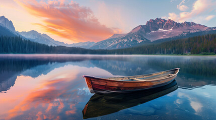 Wall Mural - An early morning scene at a serene mountain lake, the water calm and reflective, mirroring the colorful sunrise skies in hues of pink, orange, and light blue. Surrounding the lake are majestic mountai
