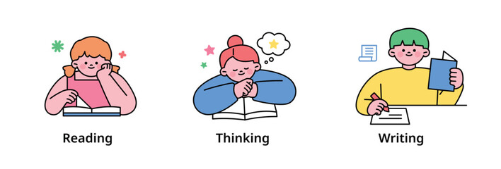 Wall Mural - cute student characters learning various things at school. reading, thinking, writing. outline simpl