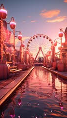 Wall Mural - Amusement park and ferris wheel at sunset, 3d render