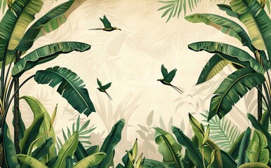 tropical jungle wallpaper bird, tropical leaves, tropical flowers wallpaper for digital printing. ex