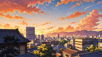 anime world with nature comic manga style. vibrant apocalyptic city wallpaper