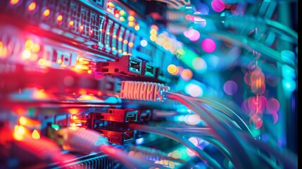 Wall Mural - A backdrop of a server room with network cables and lights, network, dynamic and dramatic compositions