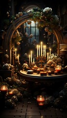 Wall Mural - 3D rendering of a fantasy dark interior with a lot of candles