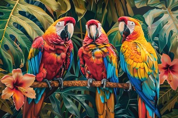 Wall Mural - Tropical forest , birds and flowers , wallpaper , mural wall. AI generated illustration