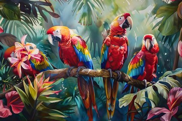 Wall Mural - Tropical forest , birds and flowers , wallpaper , mural wall. AI generated illustration