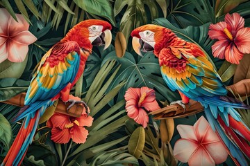 Canvas Print - Tropical forest , birds and flowers , wallpaper , mural wall. AI generated illustration