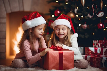 Wall Mural - Two young Caucasian girls in Santa hats joyfully opening a Christmas gift by a beautifully decorated tree.