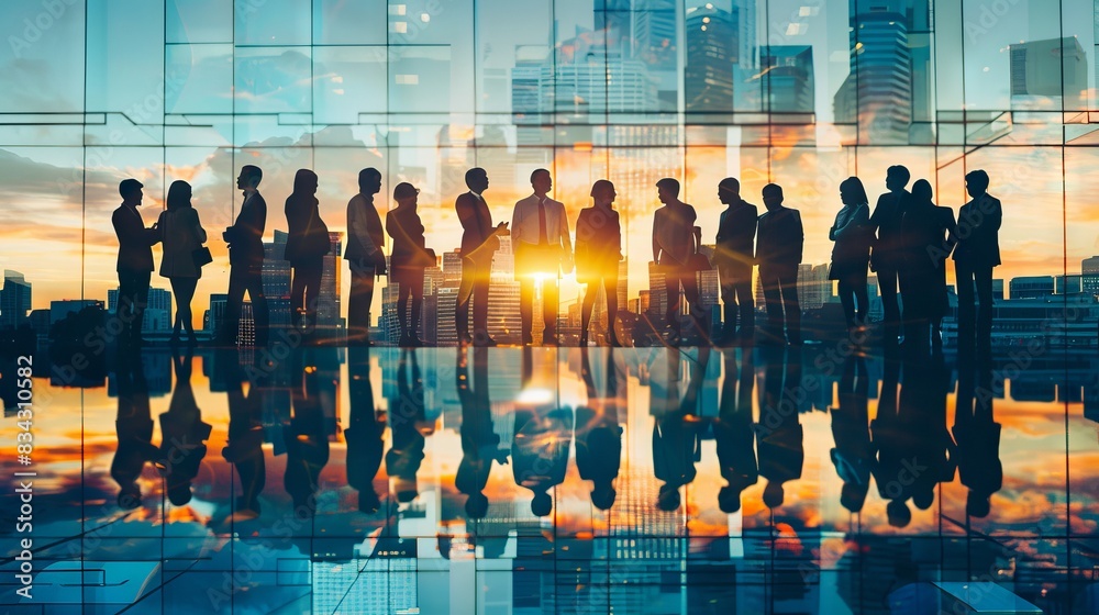 Double exposure image of many business people conference group meeting ...