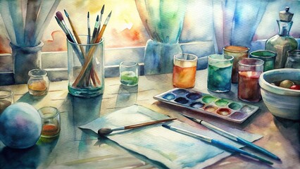 A close-up of a table with watercolor paints and brushes, set up for a breakout session on watercolor techniques , creativity, artistic, workshop, paintbrush, color palette, art supplies