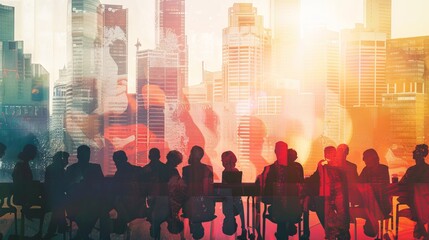 Wall Mural - Double exposure image of many business people conference group meeting on city office building in background showing partnership success of business deal. Concept of teamwork