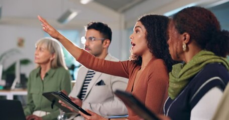 Poster - Business, team and seminar with tablet and question for career, corporate company with goals. Group, people and diversity at office with ebook for meeting, sales with faq or review in workshop